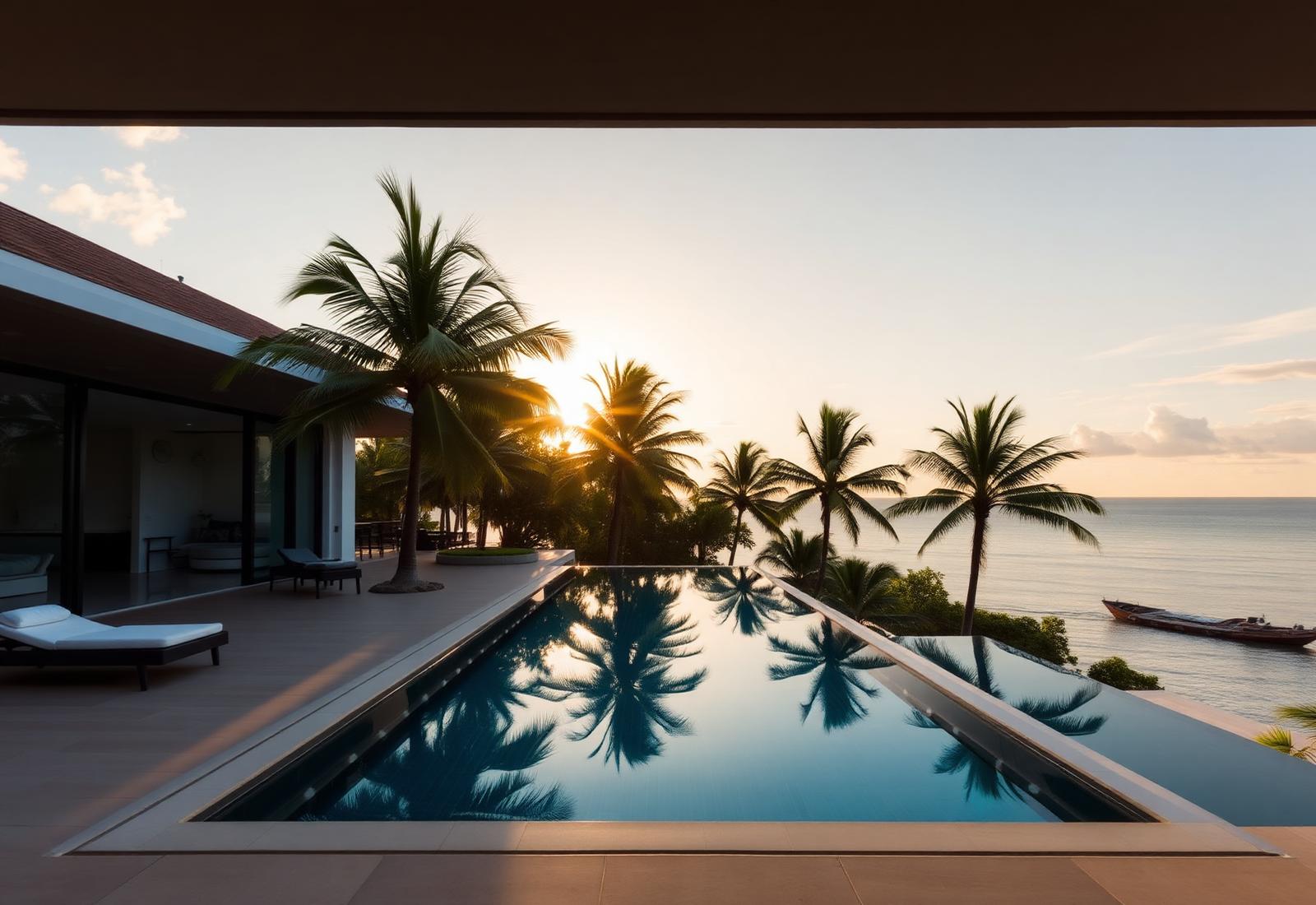 Contemporary tropical villa with an infinity pool overlooking the coast